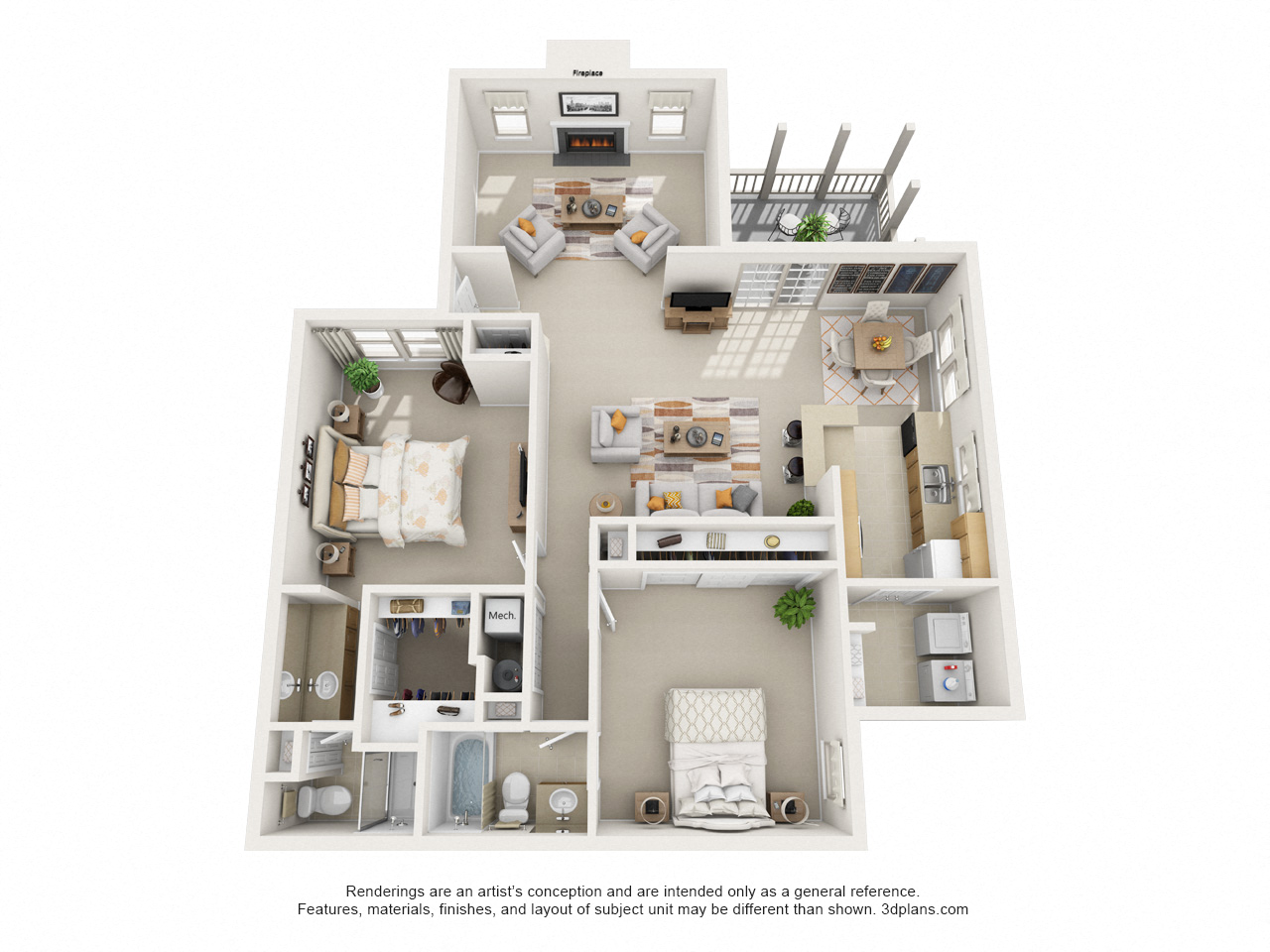 Floor plan for 2 beds, 2 baths, 1294 sqft